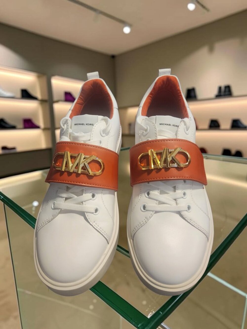 Michael Kors Emmett Two‑Tone Logo Embellished Leather Sneakers – Size 7M